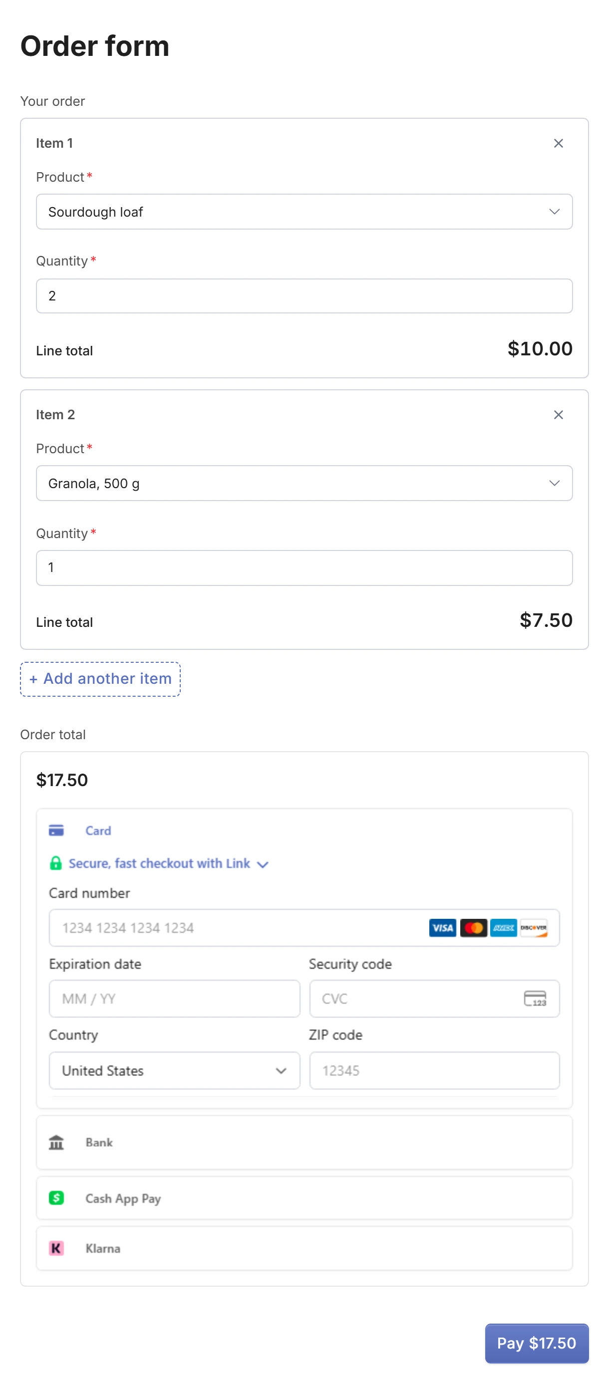 An order form with two products, line totals, a $17.50 order total, card fields and a Pay $17.50 button